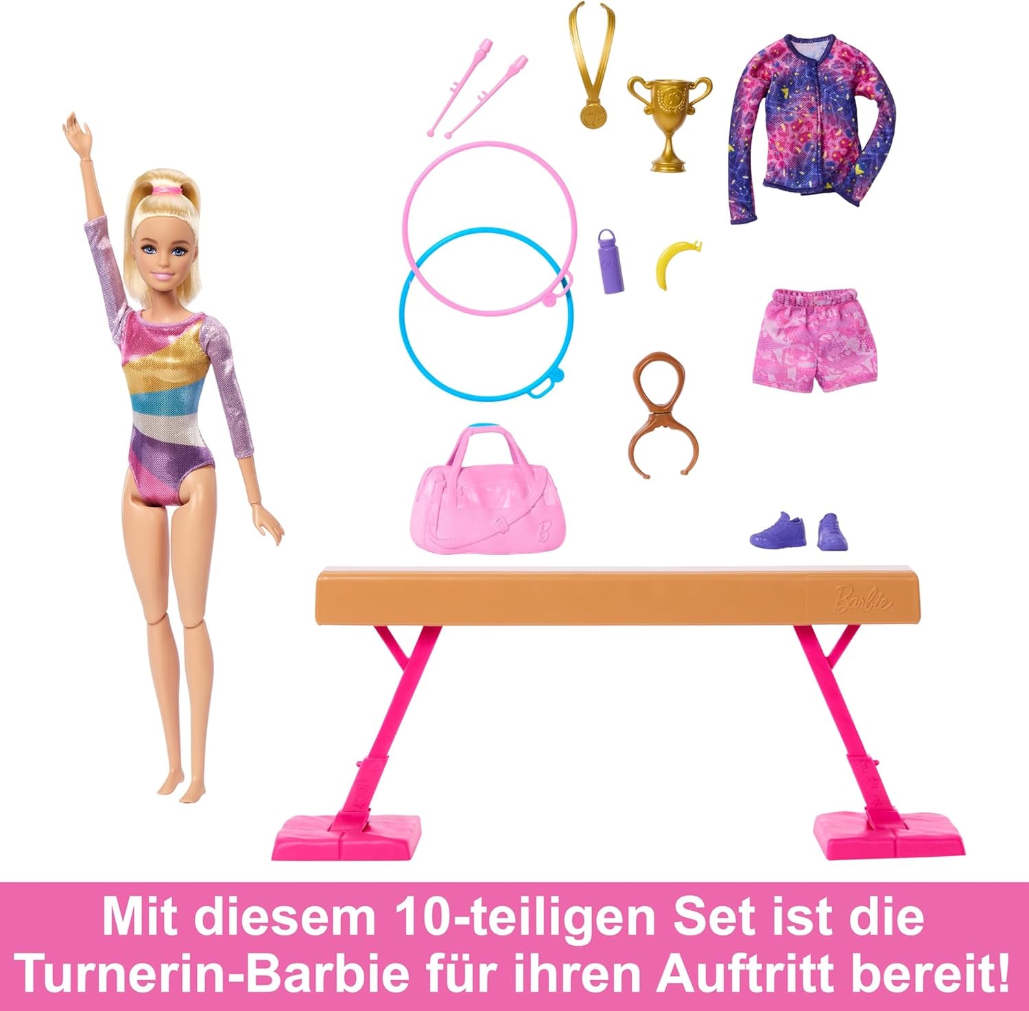 Zábavná herní sada Barbie Gymnastics s kladinou a 10+ tematickými dílky pro vítězné příběhy, HRG52