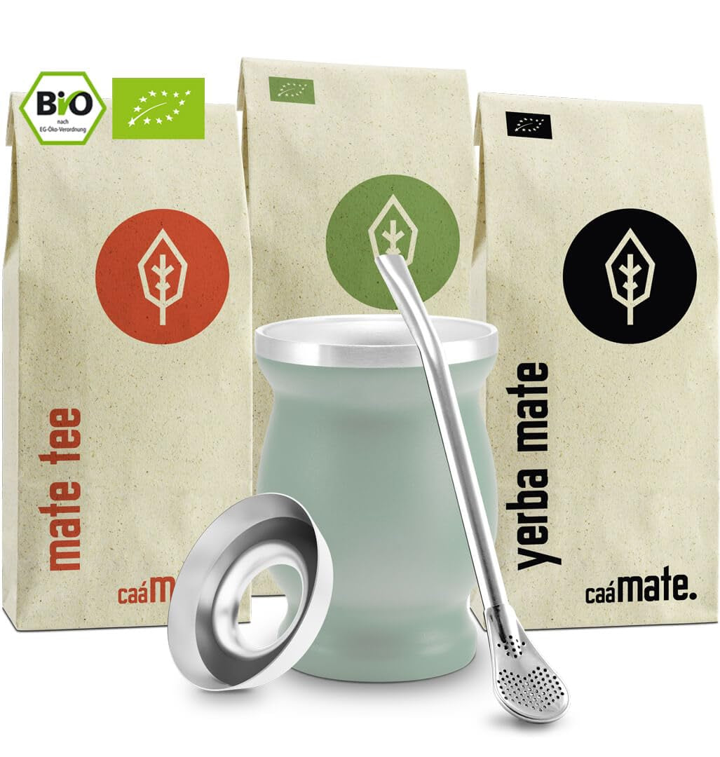 Čajová sada Mate Bio ● 3 sortimenty Mate + Dvoustěnný hrnek Mate z nerezové oceli + Bombilla + Návod na vaření (černý)