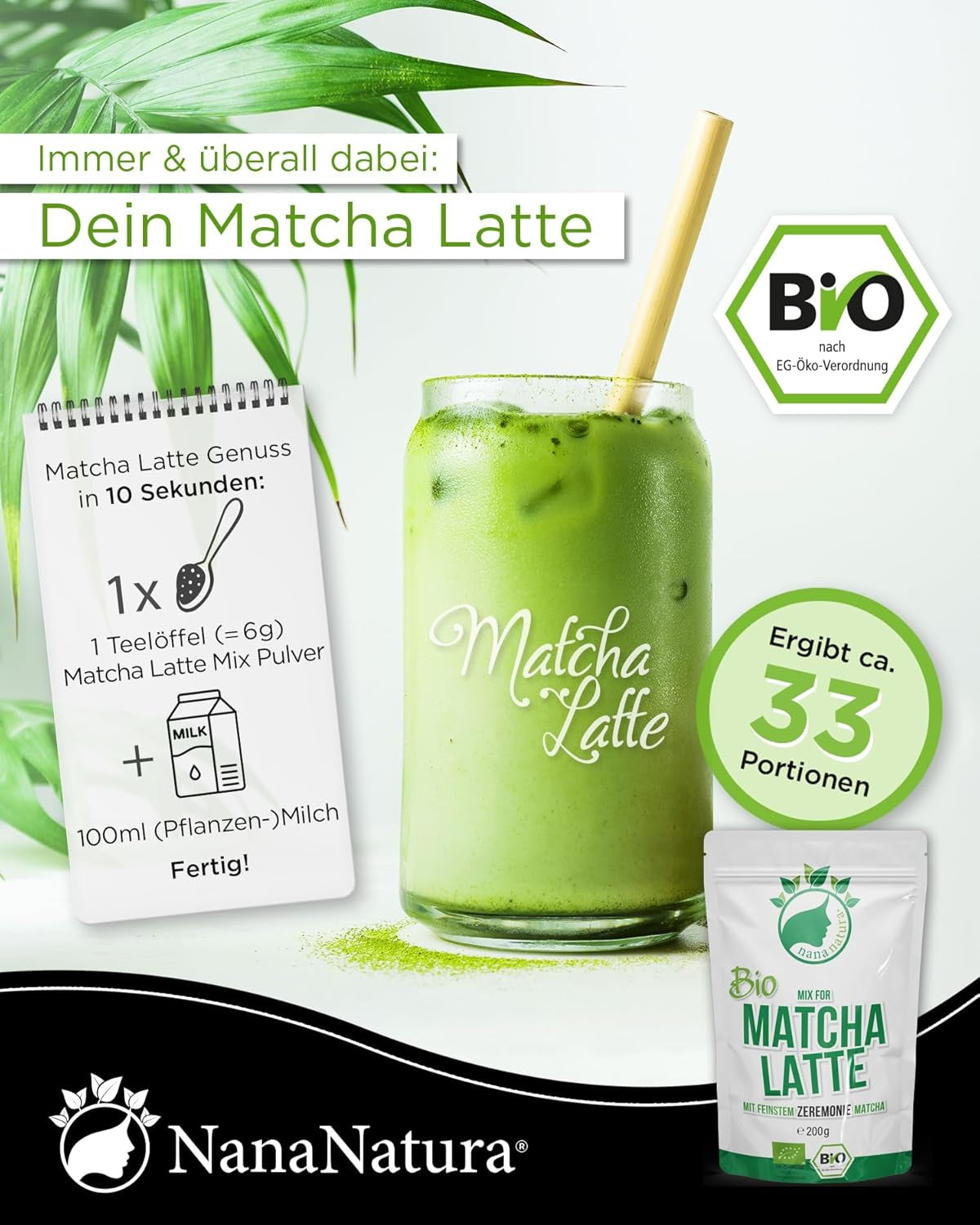 Nananatura'S Bio Matcha Latte Mix s 22% Ceremoniálním práškem ze zeleného čaje z Japonska | Pro jednoduchý a lahodný požitek z čaje | Vhodné také na zmrzlinu a pečivo