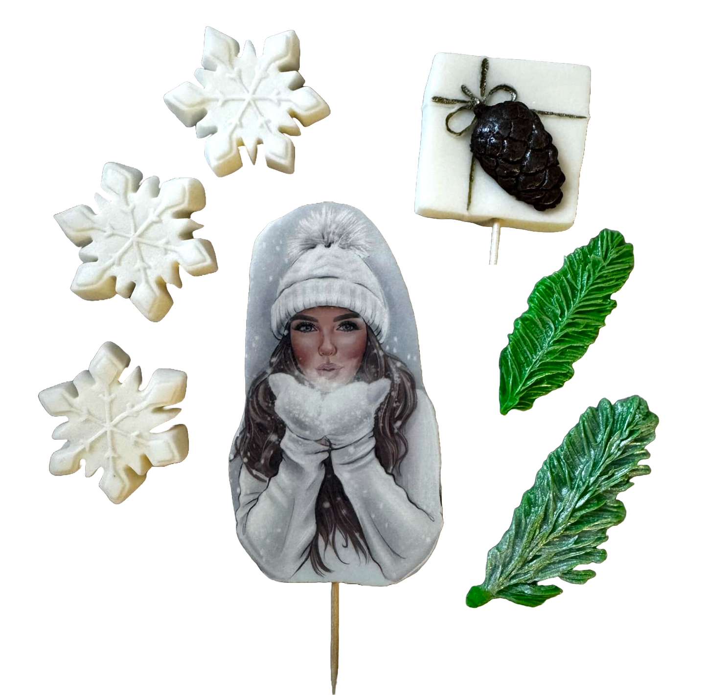 Sada 7 jedlých ozdob z cukrové pasty, Krásná dáma, bílý klobouk Dekorace z cukrové pasty Naty Shop