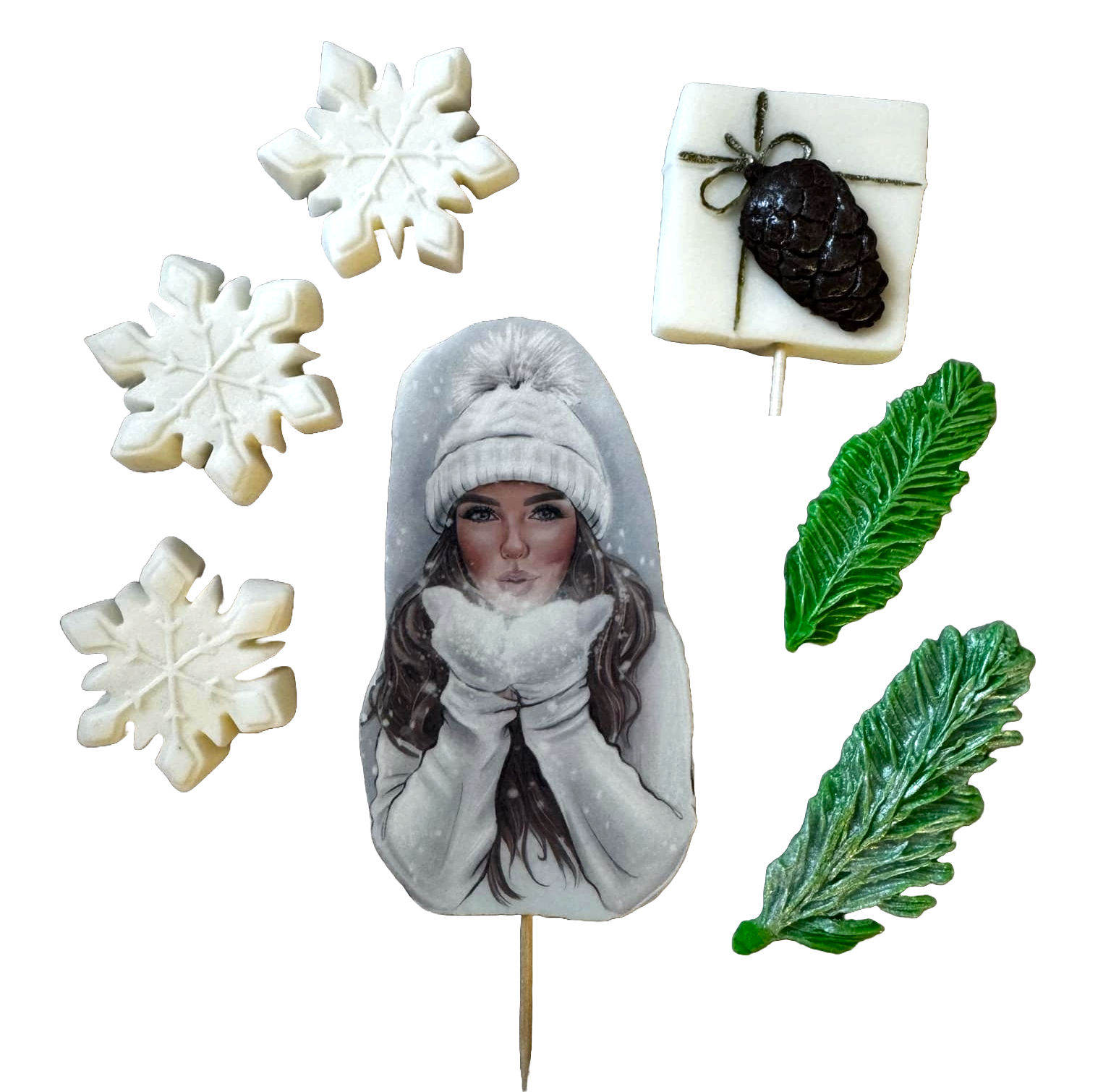 Sada 7 jedlých ozdob z cukrové pasty, Krásná dáma, bílý klobouk Dekorace z cukrové pasty Naty Shop
