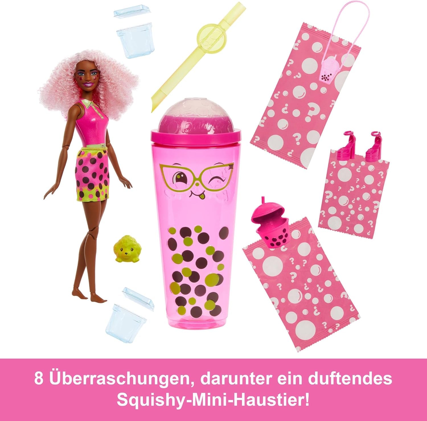 Panenka Barbie Pop Reveal Bubble Tea a příslušenství, módní panenka Scented Berry Bliss s mazlíčkem, 8 překvapení, obsahuje měnič barev, úložný kelímek, HTJ20