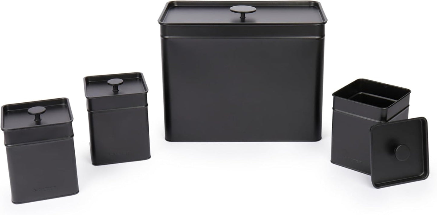 Salter BW12614EU7 Kuro sada úložných boxů – 4 kuchyňské dózy na chléb/čaj/kávu/cukr Čtvercové organizérové boxy Snadno se čistí Udržujte potraviny čerstvé Černé Naty Shop boxy na uskladnění potravin Sada 4 ks