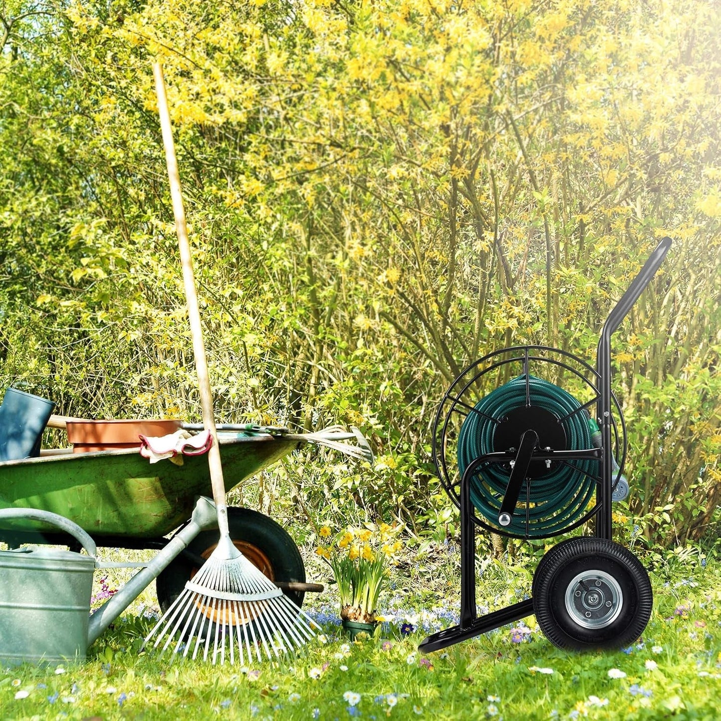 Vozík na hadici Relaxdays, mobilní naviják na hadici, připojení 1/2" a 3/4", hadice až 80 m, 2 kolečka, kov, černá