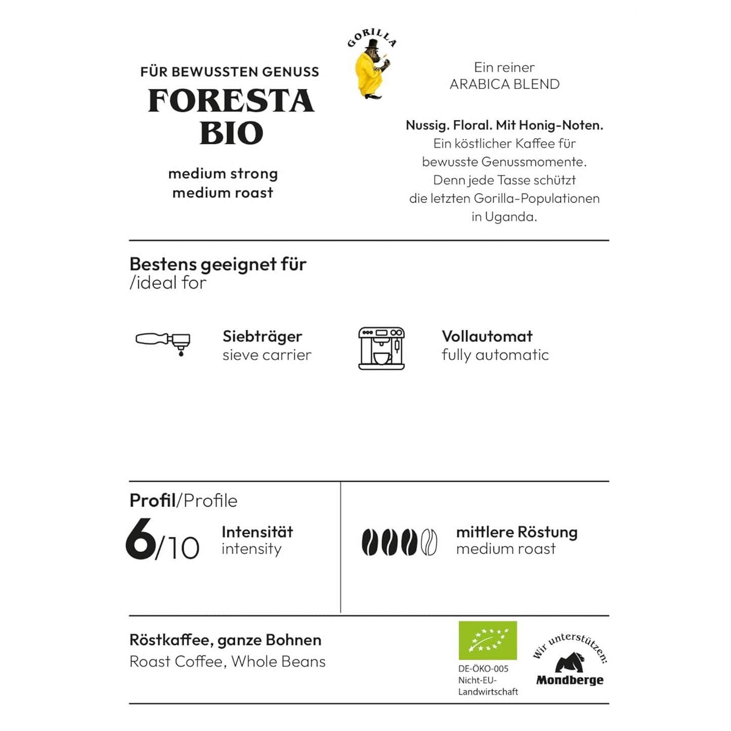 Káva Gorilla Foresta, dvojbalení, 2 x 1 kg, pražená zrna | Směs Arabica, celá fazole | Plně automatický portafiltrační espresso kávovar | Káva espresso
