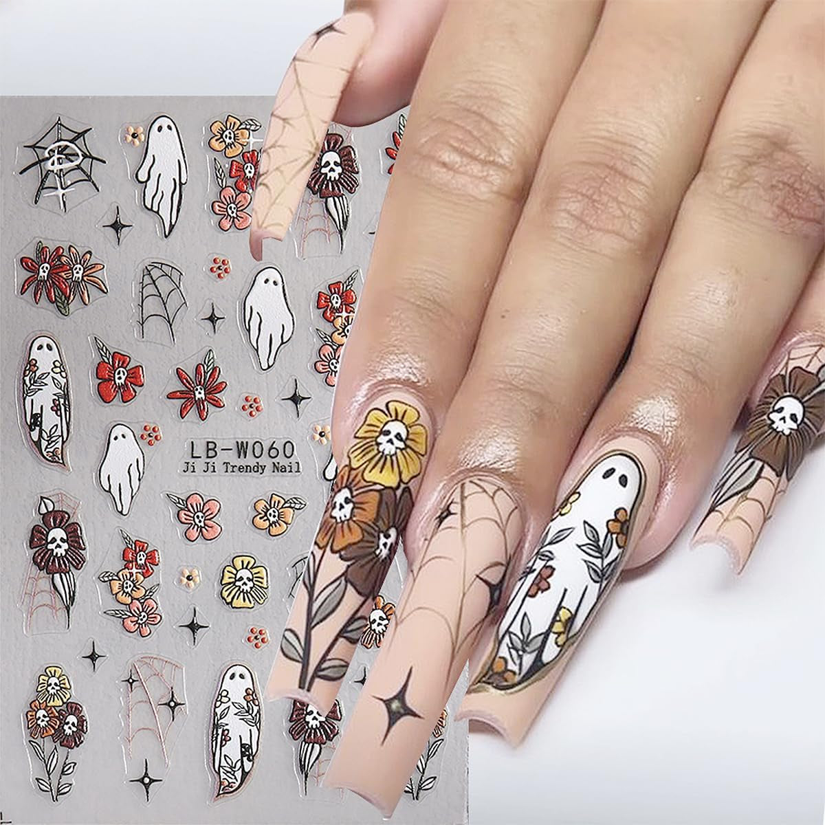 JMEOWIO Nálepka na nehty Halloween 9 Blatt Nálepka na nehty Selbtklebend Nagelaufkleber Süße Geisterblume Dekoration Nageldesign Zubehör