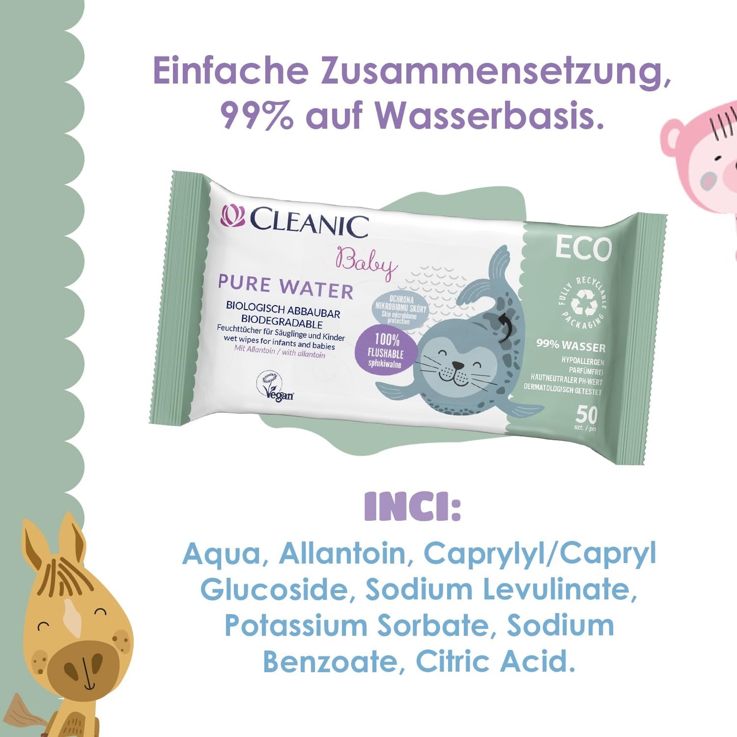 Cleanic Baby Eco Pure Water vlhčené ubrousky – (1 x 50 ks) Vlhčené ubrousky pro děti a kojence – bez parfemace, splachovatelná, citlivá pokožka – 50 ks.