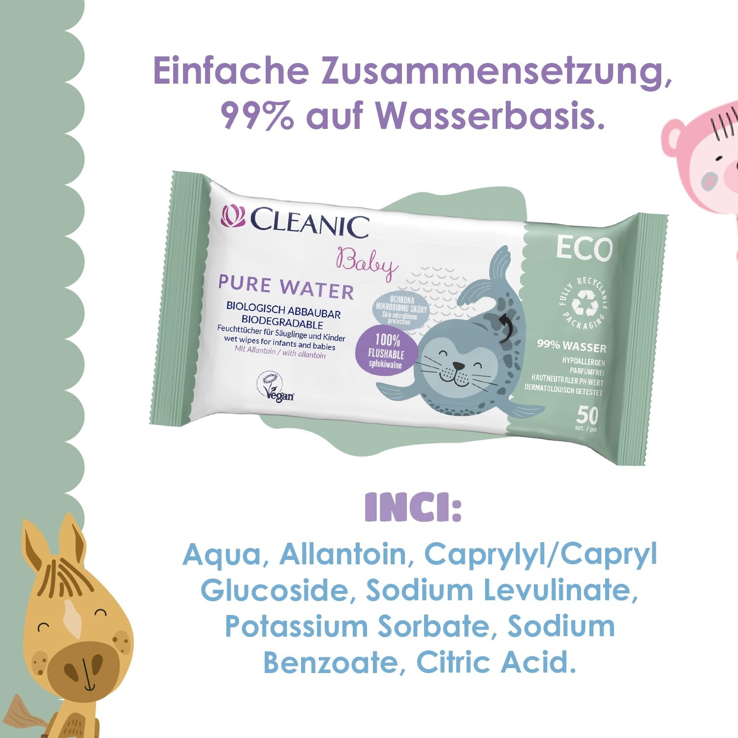 Cleanic Baby Eco Pure Water vlhčené ubrousky – (1 x 50 ks) Vlhčené ubrousky pro děti a kojence – bez parfemace, splachovatelná, citlivá pokožka – 50 ks.