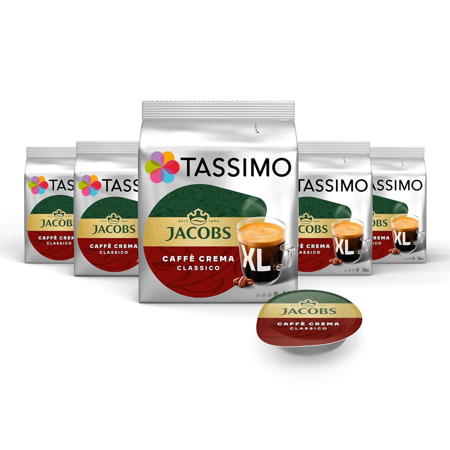 Tassimo Kapseln Jacobs Caffè Crema Classico XL, 5 x 16 polštářků, 80 kávových kapslí