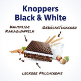 White and Black Knoppers – 8 x 25g – Oplatkové plátky plněné tmavými kakaovými oplatkami, kousky černých sušenek, mlékem a nugátovým krémem