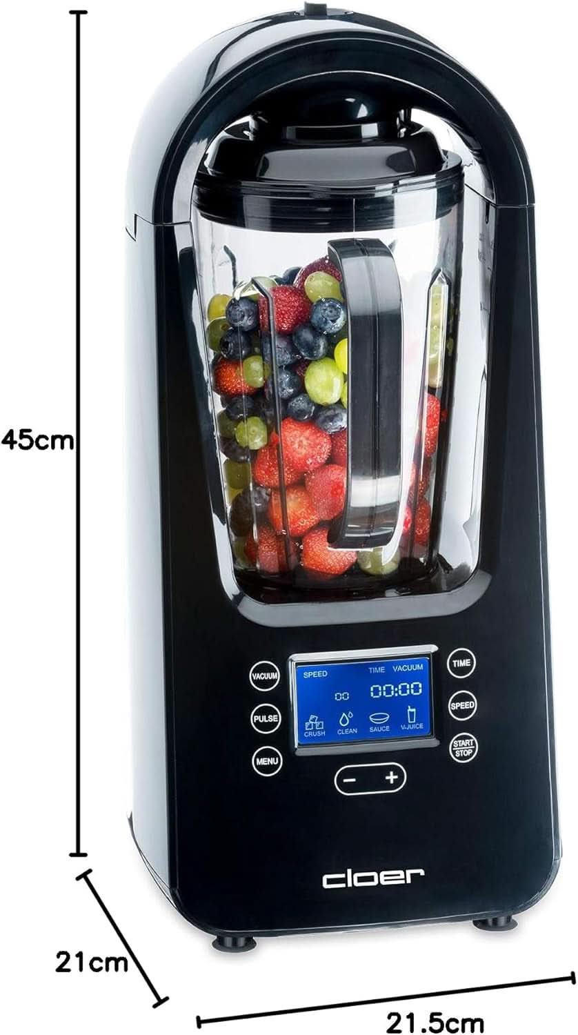 Cloer 6980 Vakuum Standmixer / 800 Watt / 21 000 U/Min. / Vč. Vorratsbehälter/Vakuumventil/Automatikprogramme/Eis-Crush-Funktion/Reinigungsfunktion/Schwarz, 1500 mililitrů Kitchen Naty Shop