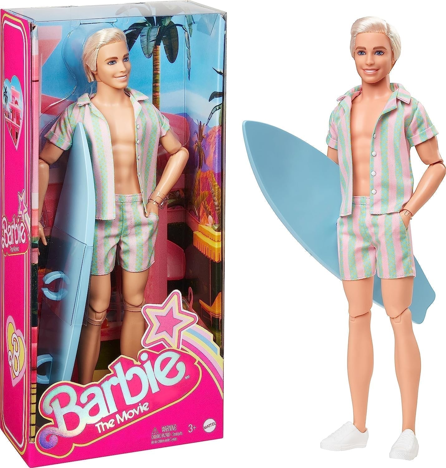Barbie the Movie – fanoušci filmů s panenkami, panenka Ken, sběratelská panenka se surfovacím prknem a teniskami, pohyblivé tělo, platinové blond vlasy, vhodné jako dárek pro 3leté děti, HPJ97 Naty Shop Dolls Výchozí název