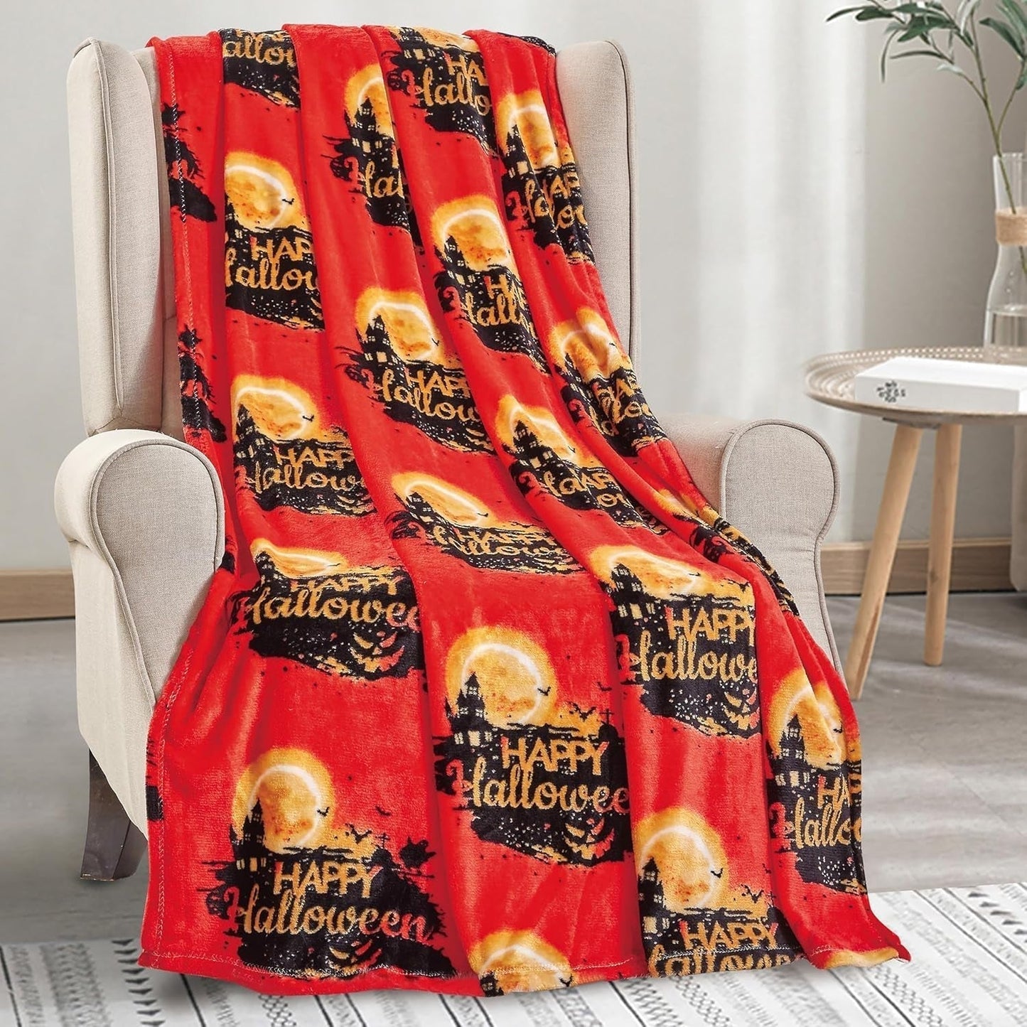 Elegantní komfortní lehká přikrývka s halloweenskou tématikou, měkká, příjemná a plyšová, ideální pro odpočinek v tomto strašidelném období, 127 x 152,4 cm, postele a pokrývky z lebky a kostí Elegantní pohodlný halloweenský dům 50 x 60