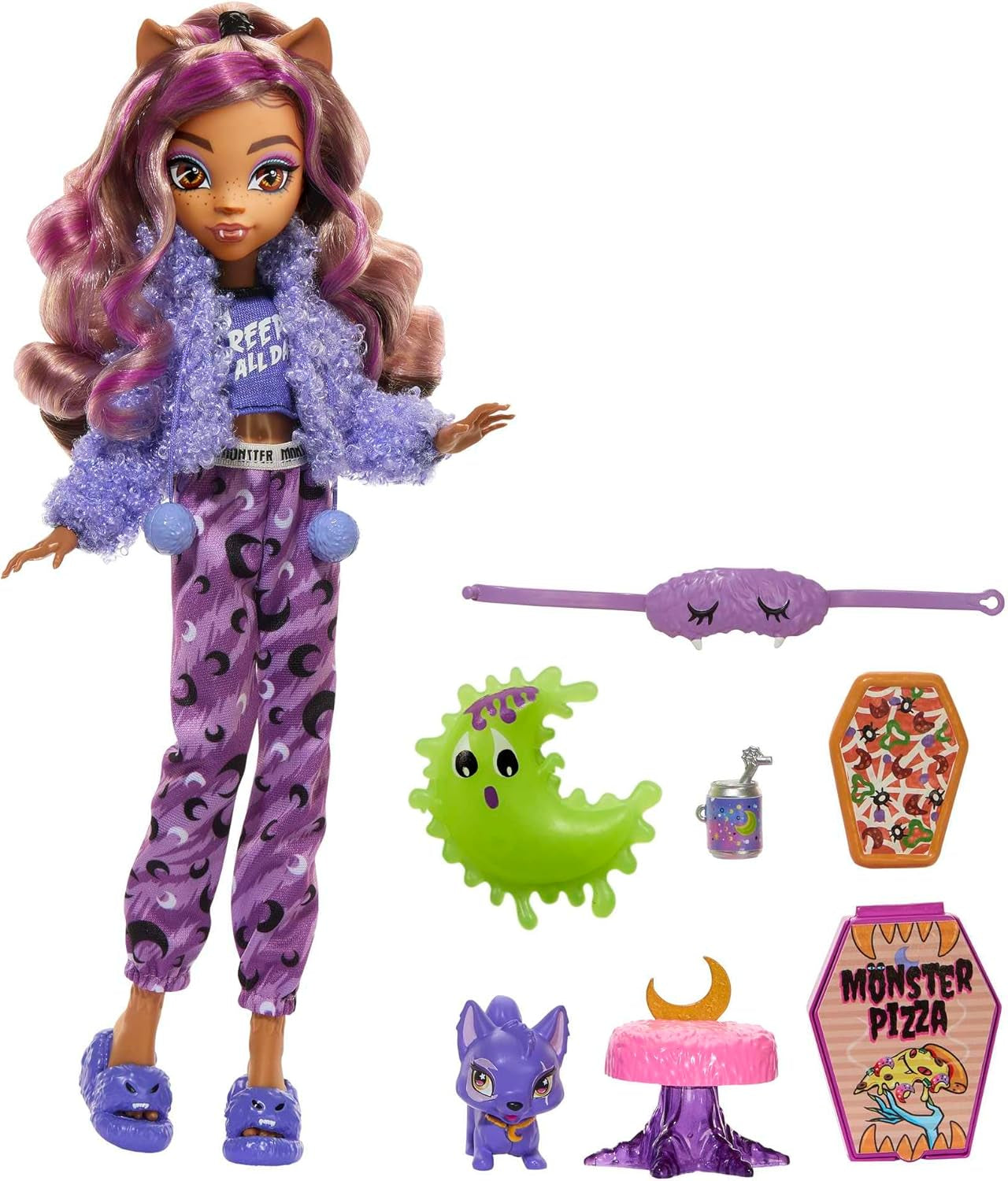 Panenka MONSTER HIGH a doplňky na spaní, panenka Clawdeen Wolf s kočkou, Creepover Party, HKY67