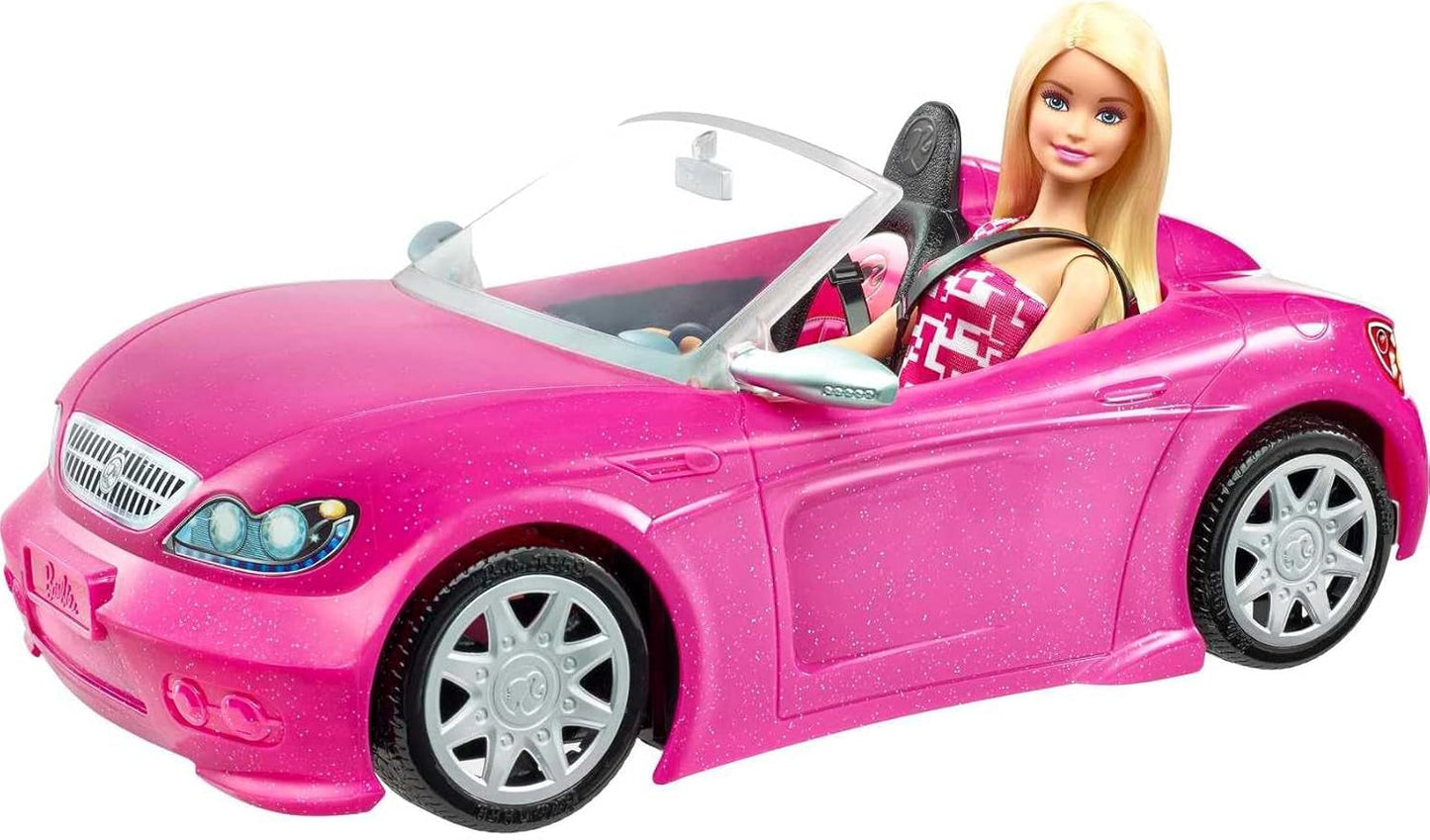 Panenka Barbie a růžový třpytivý kabriolet, realistické pneumatiky, logo, hračka pro děti od 3 let, DJR55