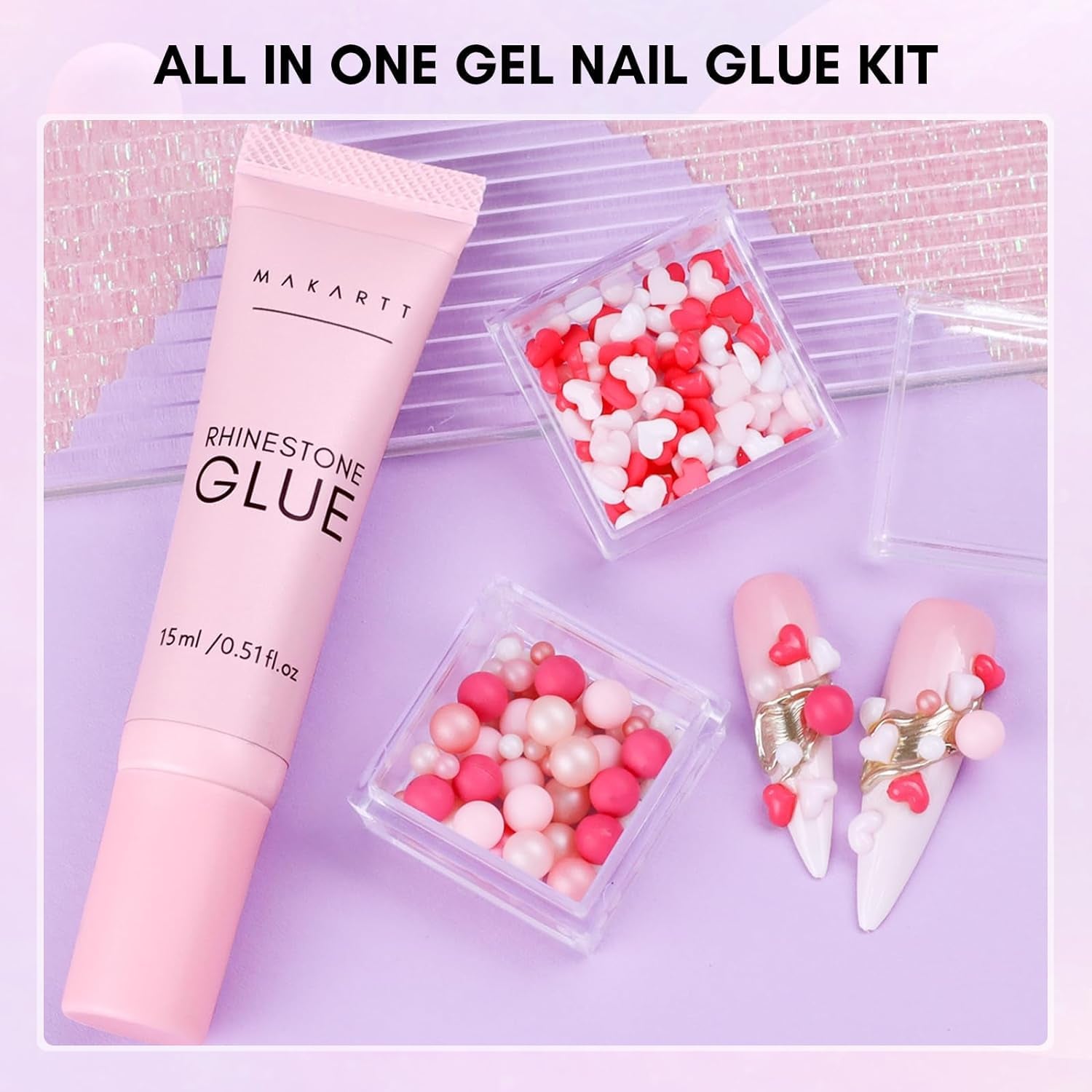 Makartt kamínkový adhezivní gel - 15ml sada UV lepidel na nehty s růžovými přívěsky na nehty Heart Circle šperky na nehty a příslušenství pro domácí manikúru dárek k Valentýnu