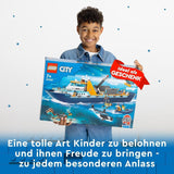 Arktická výzkumná loď LEGO City, velký plovoucí člun s helikoptérou, nafukovací člun, ponorka Rov, vrak vikinga, 7 minifigurek a figurka orky, dárek pro děti starší 7 let 60368 Stavebnice Besuche den LEGO-Store