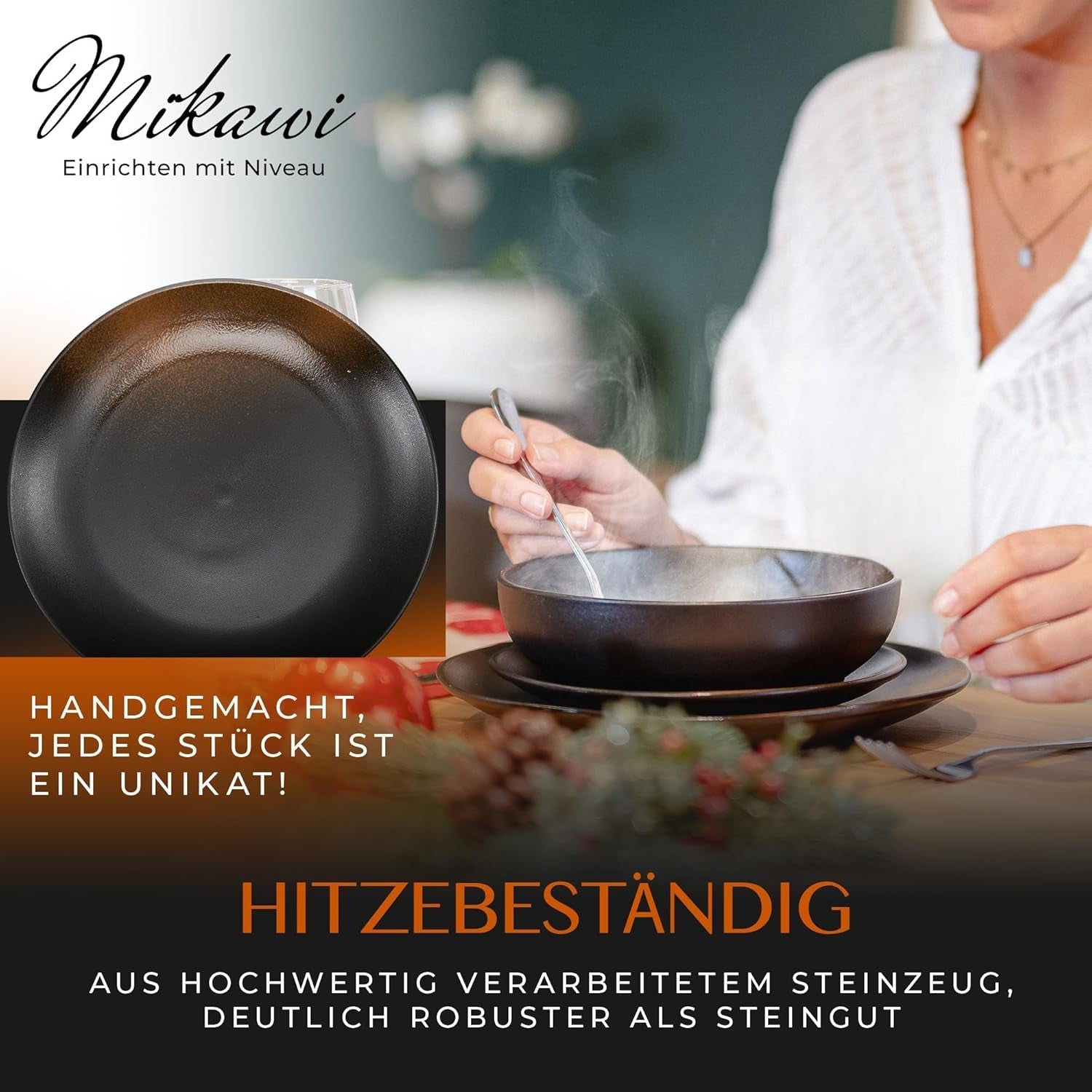 12dílná sada kameninového nádobí – řada Prairie – elegantní design v hnědých/černých tónech, sada 4 talířů, 4 dezertních talířů a 4 talířů/kolekce Premium