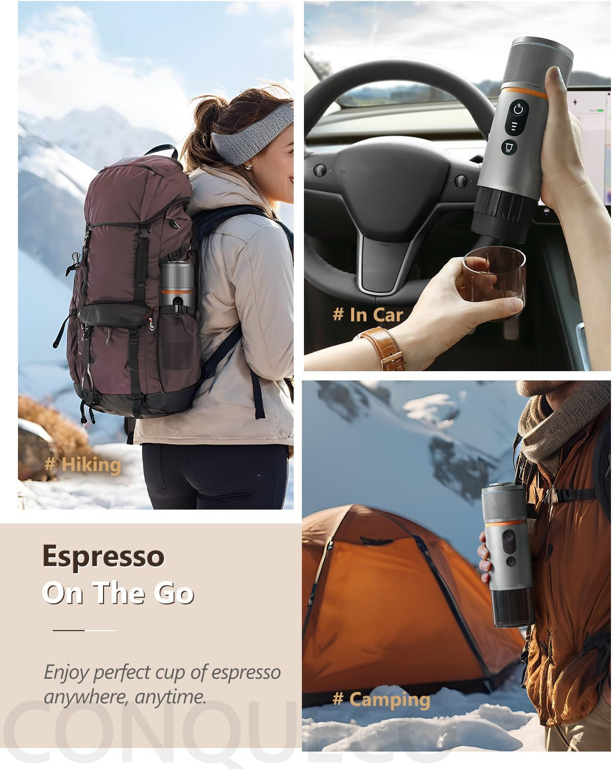 CONQUECO 12V espresso do auta: Přenosný espresso kávovar s baterií pro kempování a cestování – rychlé zahřátí za 2,5 minuty – 8 šálků espressa na jedno nabití