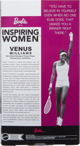 Barbie inspirující dámská série Módní panenka Venus Williams s podepsanou uniformou a tenisovou raketou včetně prezentačního boxu HRM49
