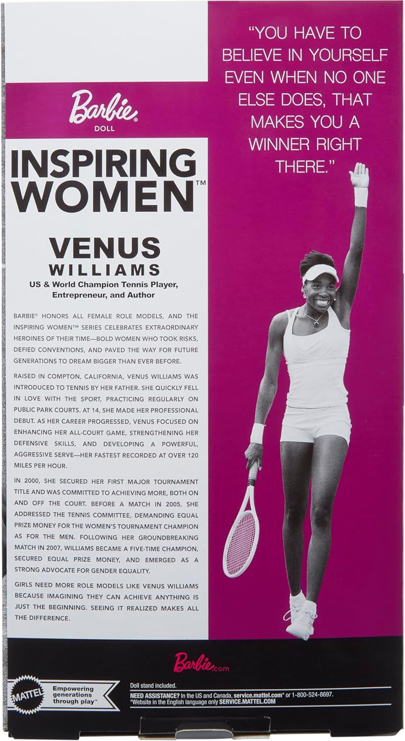 Barbie inspirující dámská série Módní panenka Venus Williams s podepsanou uniformou a tenisovou raketou včetně prezentačního boxu HRM49