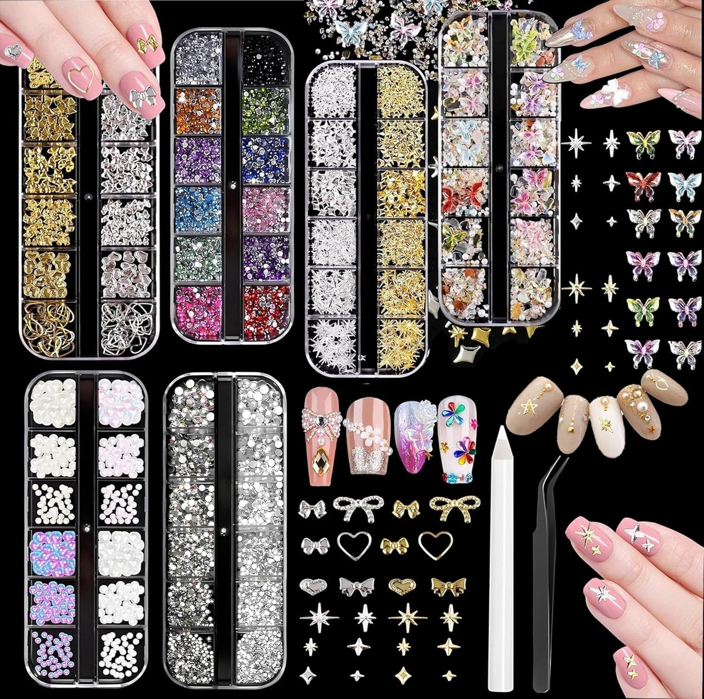 Nail Charms,6 Boxen Gold Silver Nagel Charms 3D Gold Bogen Stern Art Dekoration+6200 Strassstein ​​Bunt Steine ​​​​AB Perlen Diamanten, 3D Legierung Bow Nail Gems Nagel Deko Für Frauen Nagel (6-A)