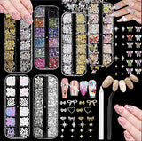 Nail Charms,6 Boxen Gold Silver Nagel Charms 3D Gold Bogen Stern Art Dekoration+6200 Strassstein ​​Bunt Steine ​​​​AB Perlen Diamanten, 3D Legierung Bow Nail Gems Nagel Deko Für Frauen Nagel (6-A)