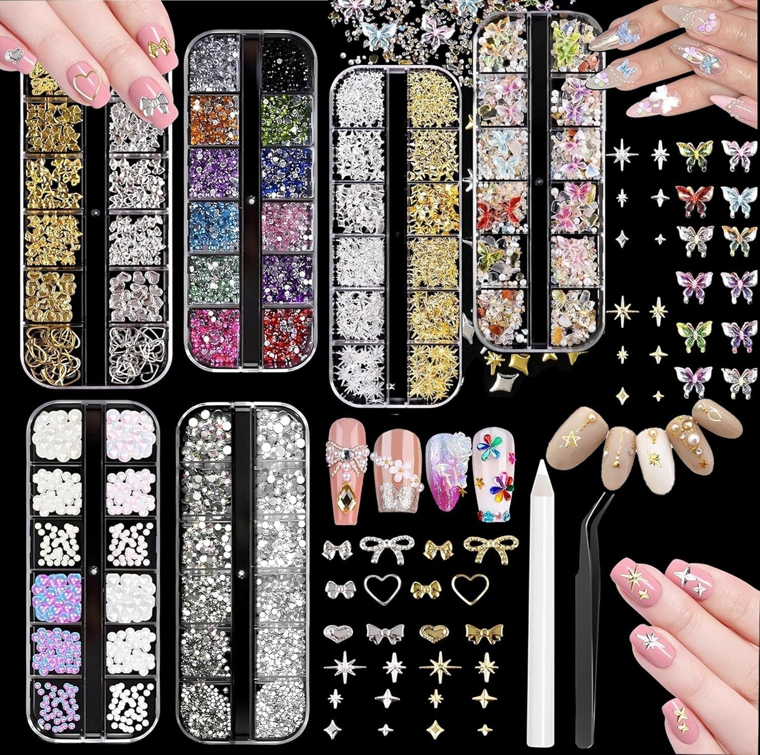 Nail Charms,6 Boxen Gold Silver Nagel Charms 3D Gold Bogen Stern Art Dekoration+6200 Strassstein ​​Bunt Steine ​​​​AB Perlen Diamanten, 3D Legierung Bow Nail Gems Nagel Deko Für Frauen Nagel (6-A)