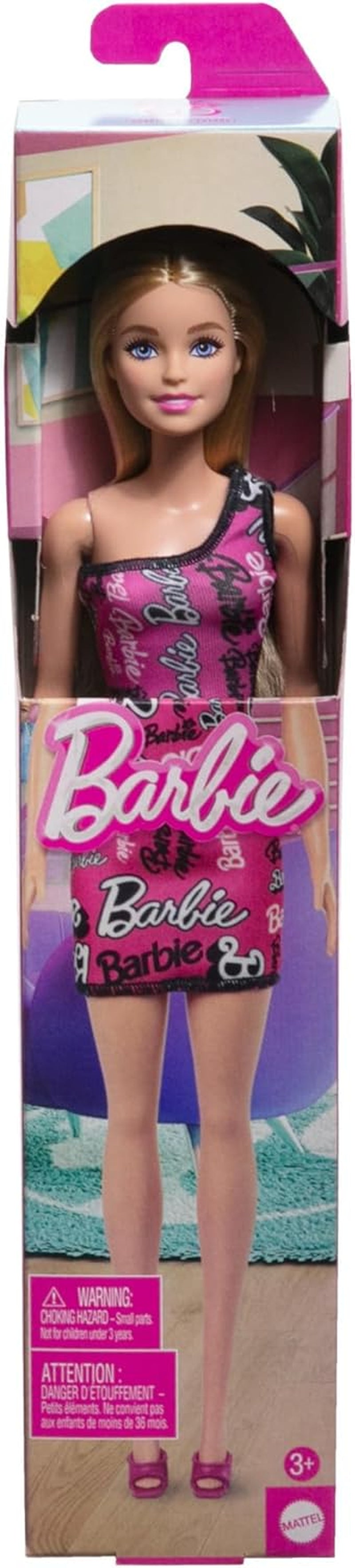 Módní panenka Barbie s rovnými blond vlasy v růžových odepínacích šatech na jedno rameno a botách s tištěným logem, HRH07