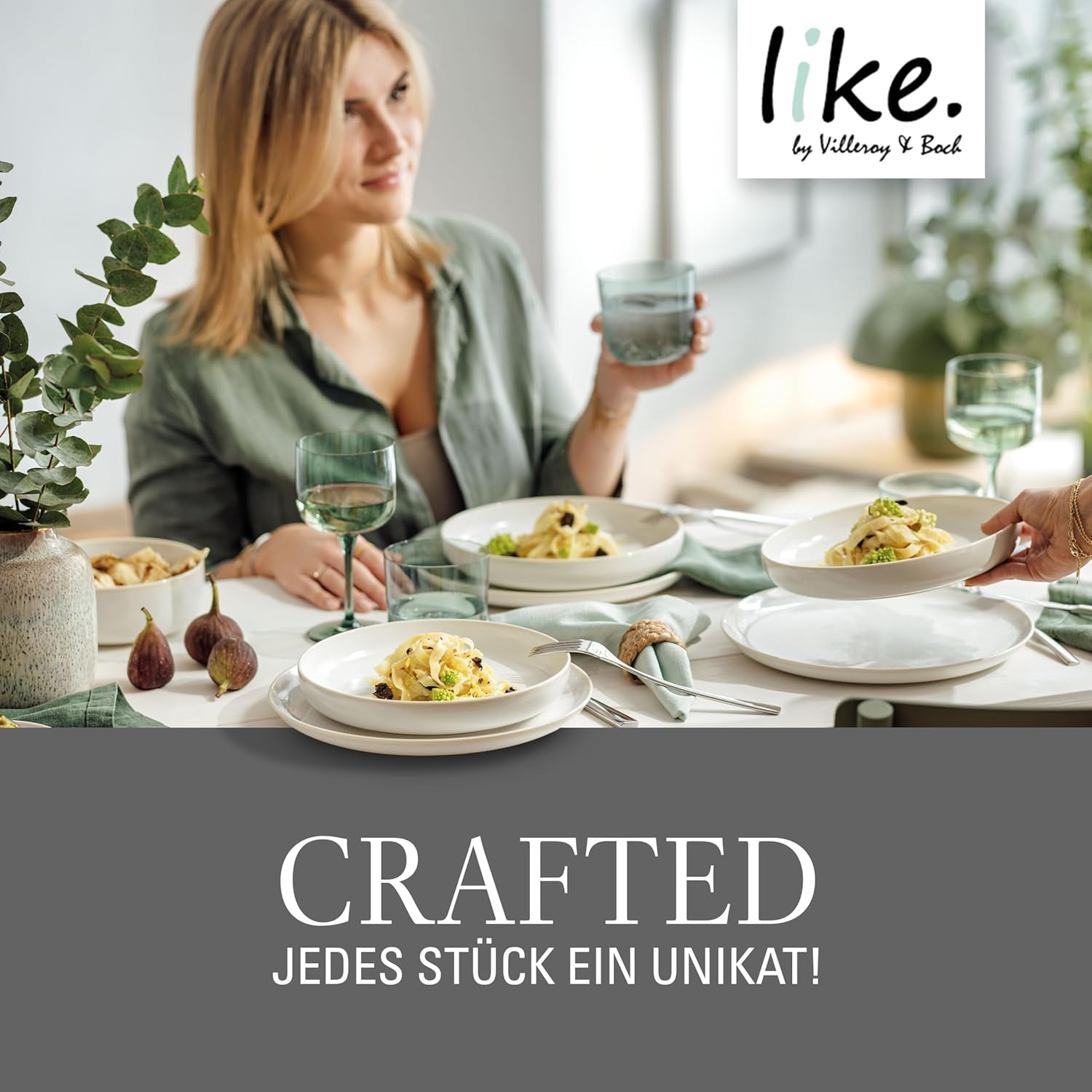 jako. od Villeroy & Boch – Večeře z řemeslné bavlny 4 teilig Weiß, Spülmaschinenfest, Mikrowellensicher, Geschirrset, Tafelservice Modern, Speiseteller, Tiefe Teller, Pottery-Look, Premium Porzellan