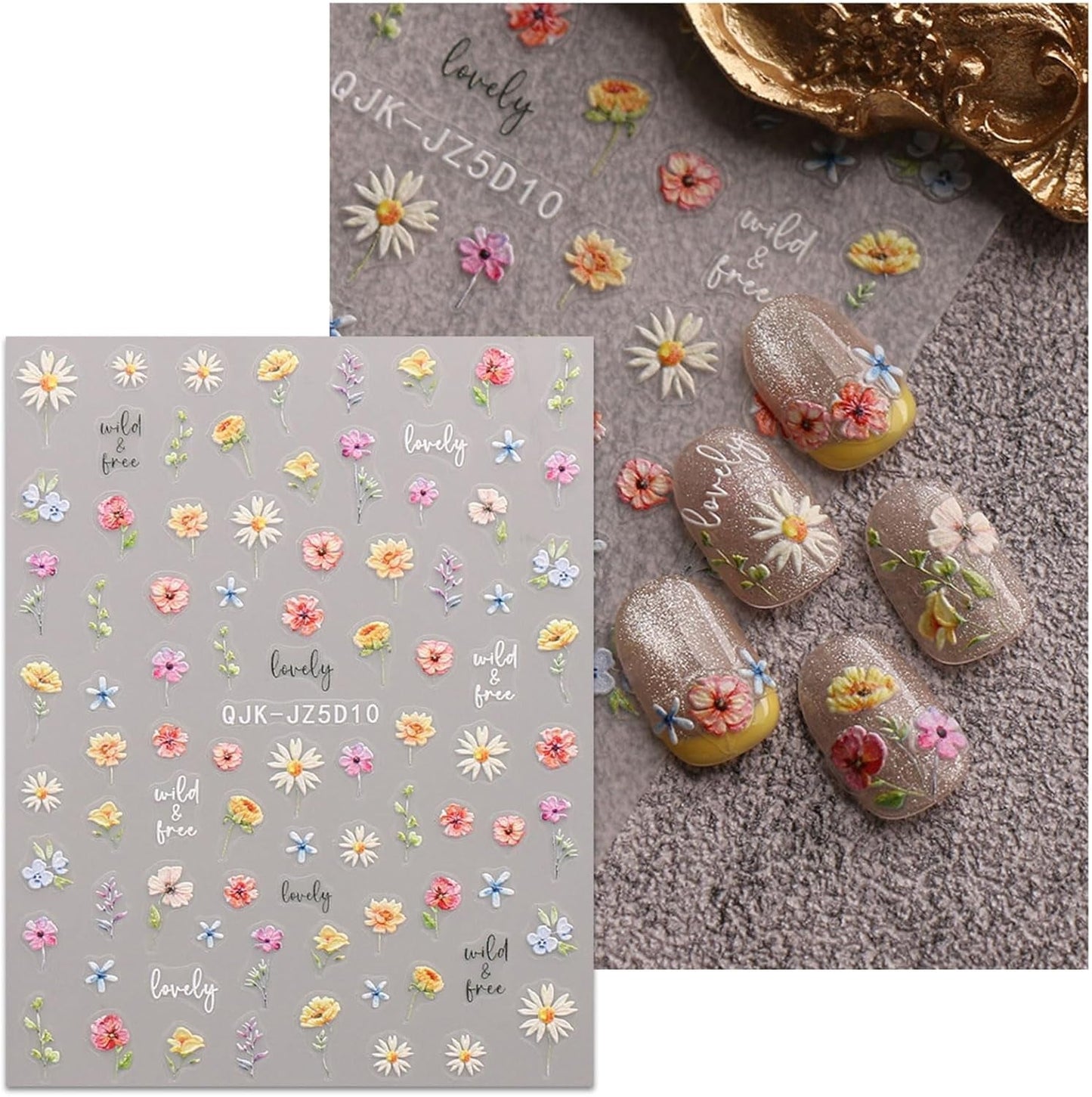 JMEOWIO 3D Nálepka na nehty Blumen Nálepka na nehty Selbstklebend Nagelaufkleber 5D Stereoskopické jarní letní Dekorace Blumen Nageldesign Zubehör 4 Blatt