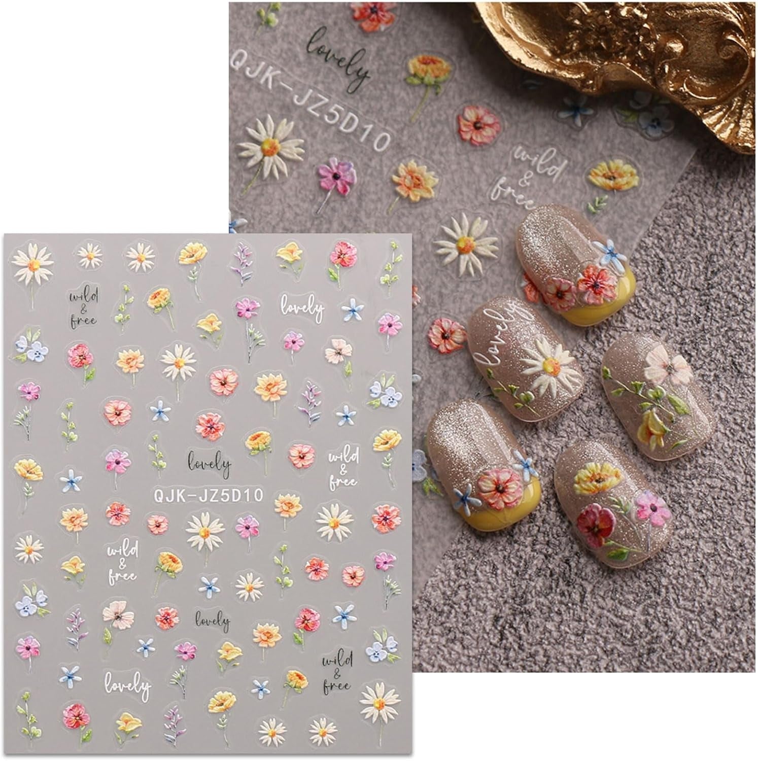 JMEOWIO 3D Nálepka na nehty Blumen Nálepka na nehty Selbstklebend Nagelaufkleber 5D Stereoskopické jarní letní Dekorace Blumen Nageldesign Zubehör 4 Blatt