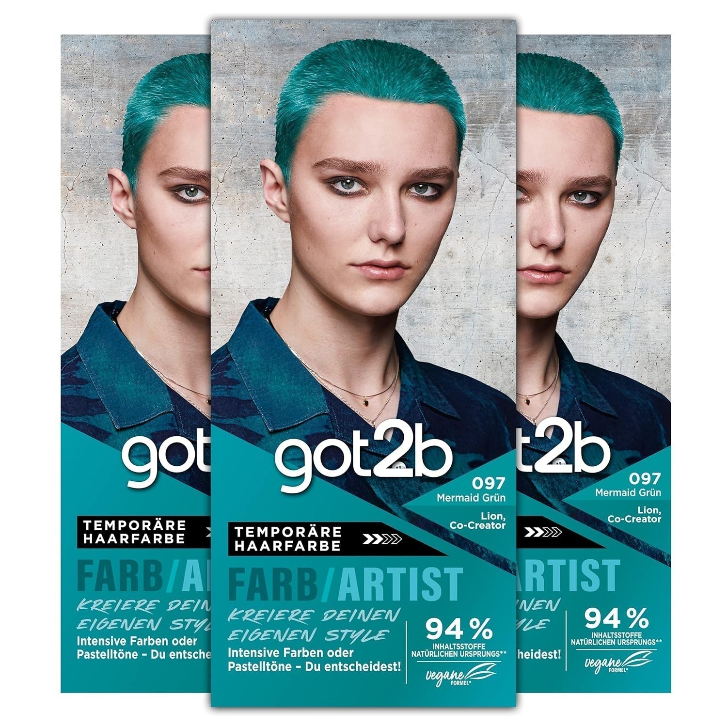 got2b Colour/Artist 097 Mermaid Green Level 2 (3x 80 ml), dočasná barva na vlasy rozzáří vlasy v intenzivních barvách nebo pastelových odstínech, barva na vlasy vydrží 12-15 umytí, veganské složení Barva na vlasy Naty Shop 097 Mermaid Green