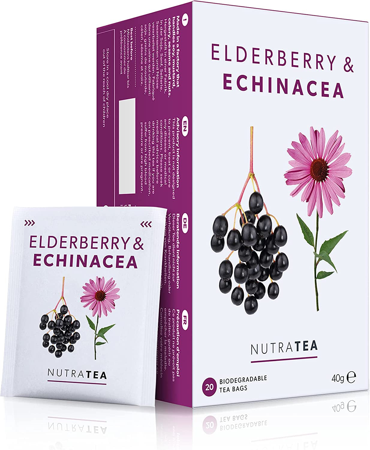 Nutra Tea Bezinka a Echinacea, Čaj Imunita a nachlazení, Čaj na podporu imunity, Boj proti nachlazení, 20 opakovaně použitelných čajových sáčků, Přírodní bylinný čaj