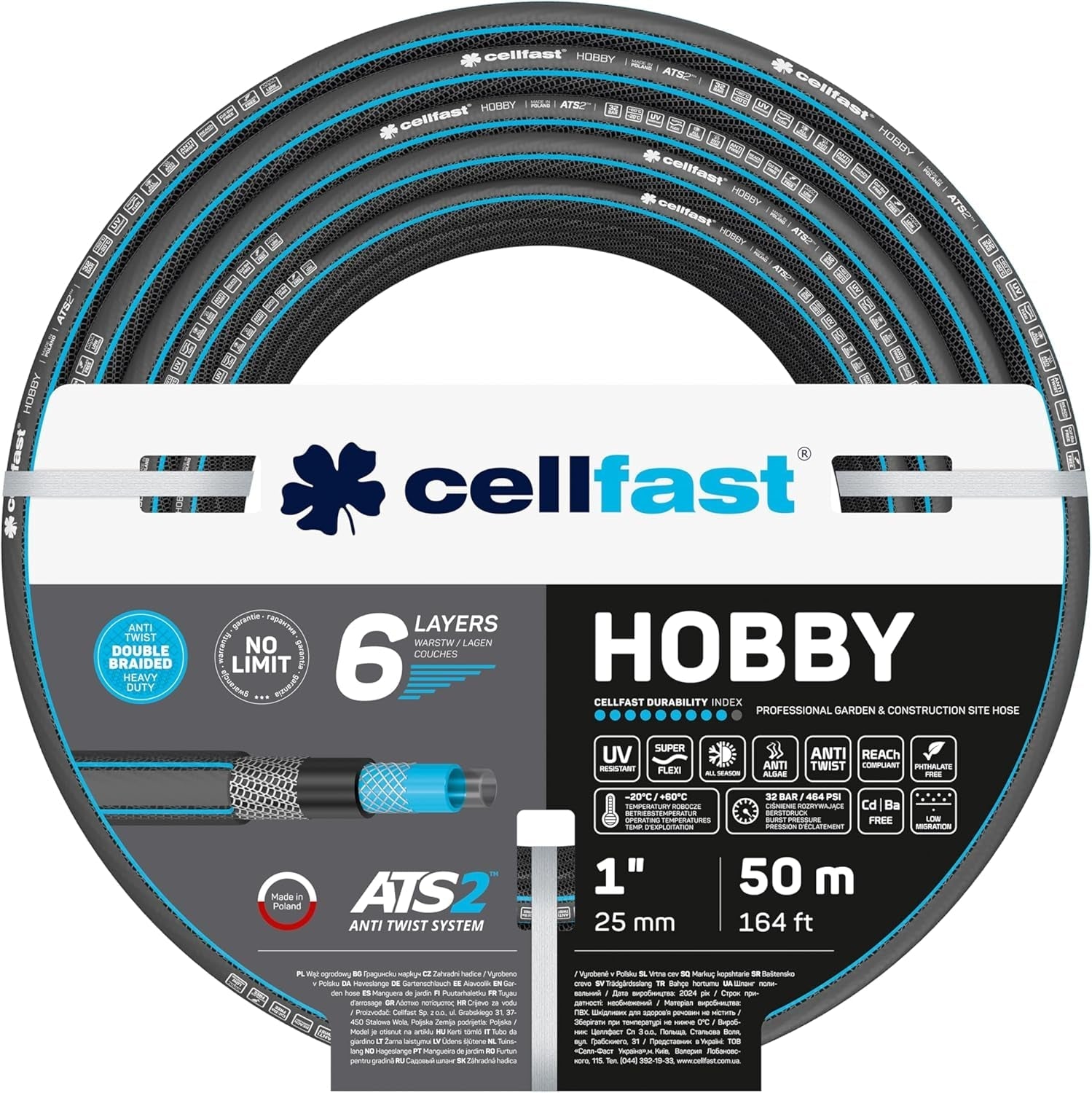 Zahradní hadice CELLFAST 6vrstvá vodní hadice Dvojitá zavlažovací hadice z tkaniny odolná proti UV záření a řasám Flexibilní hadice 32 barů 1 palec 25 metrů Hobby