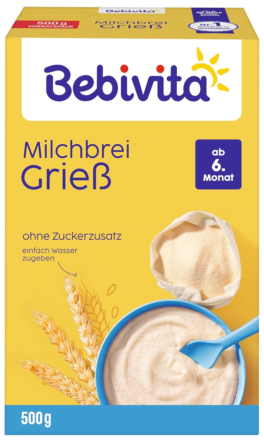 Krupicová kaše s mlékem (4 x 500 g), výživa pro kojence od 6 měsíců, bez přidaného cukru, s cennými minerály a vitamíny, velmi sytá