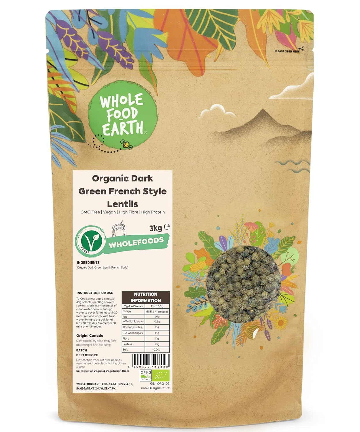 Wholefood Earth Organic French Style Tmavě zelená čočka 1kg Non-GMO | Vegan | Bohaté na vlákninu | Bohaté na bílkoviny | Certifikované organické