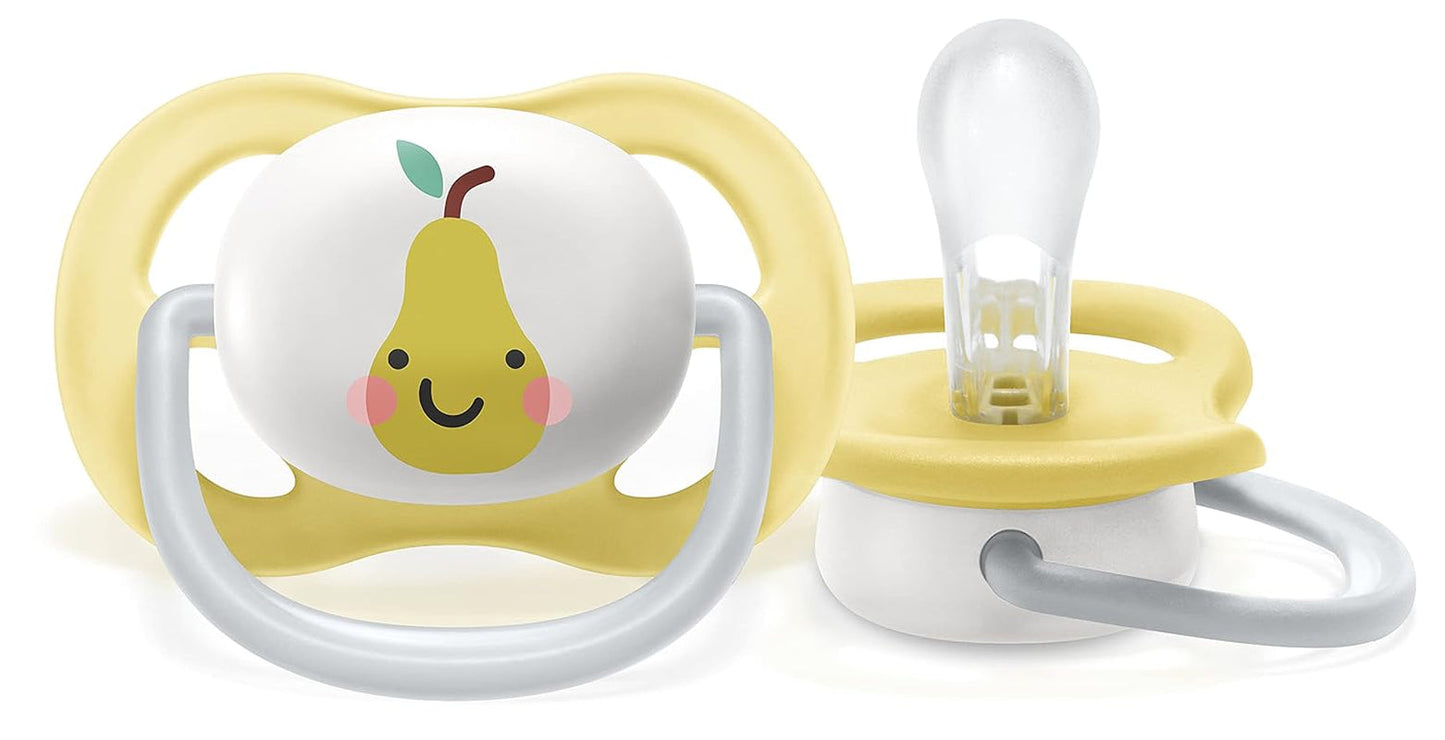 Dudlík Philips AVENT ultra air - 2-balení, bez BPA, prodyšný, pro miminka 0-6 měsíců, včetně pouzdra a sterilizace, jablko/hruška (model SCF080/17)
