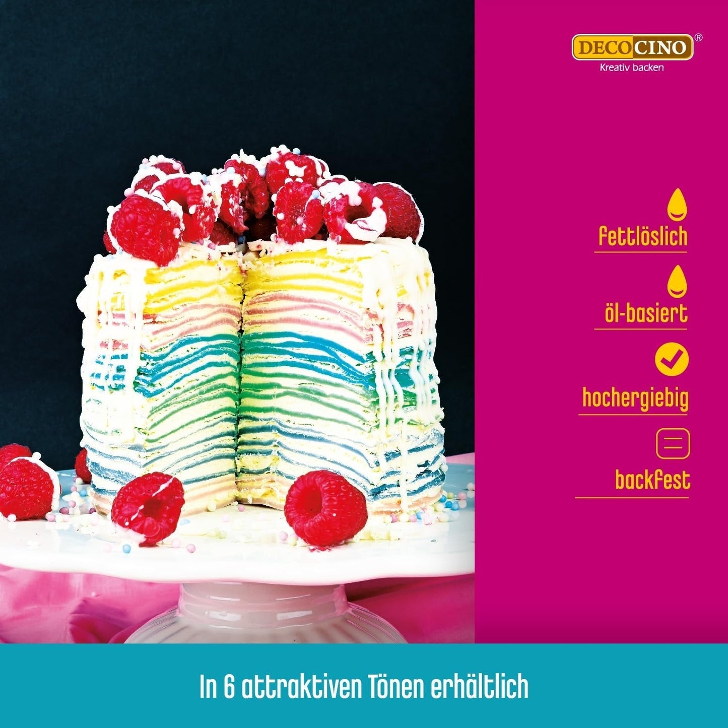 Decocino Barvicí pasta rozpustná v tucích Sada 6 - 6 x 15 g - Potravinářské barvivo červené, bílé, zelené, žluté, modré a černé, ideální pro barvení dortů, fondánu a krémů - Bez azo a lepku