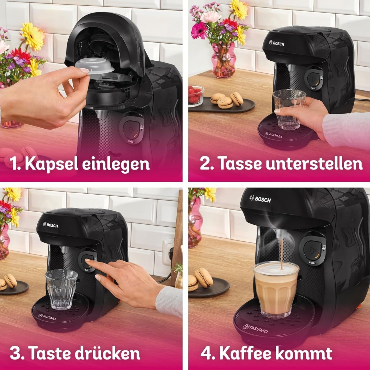 Bosch Tassimo Happy Friendly kávovar na kapsle TAS102E, 70+ nápojů, Vhodné pro všechny šálky, Auto-Stop, Trvale udržitelný, Perfektní dávkování, Úspora místa, 1400 W, Černá