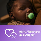 Noční dudlík Philips AVENT Ultra Start, ortodontický dudlík pro novorozence, zářící ve tmě, bez BPA, se sterilizační nádobkou, dvojité balení, měsíc, hvězda, SCF075/07