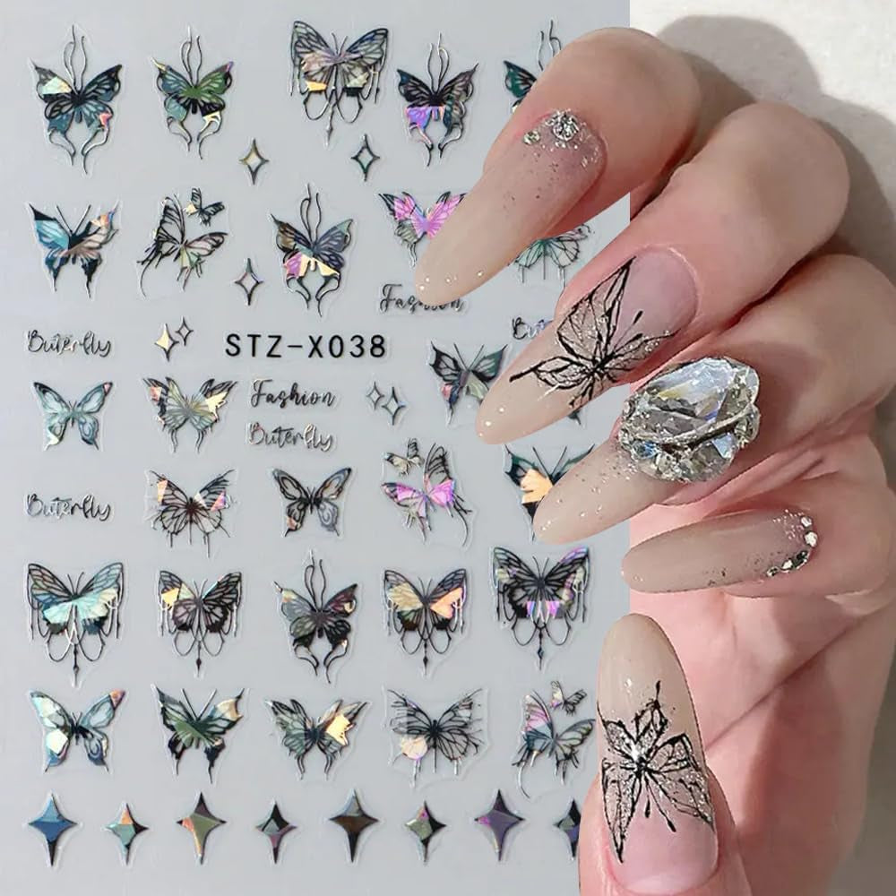 3D kovová samolepka na nehty Schwarz Schmetterling - Laser Pink Aurora Nagelaufkleber - Punk Butterfly Nail Art Stickers - Stříbrná samolepka na nehty - Nageldesign Zubehör