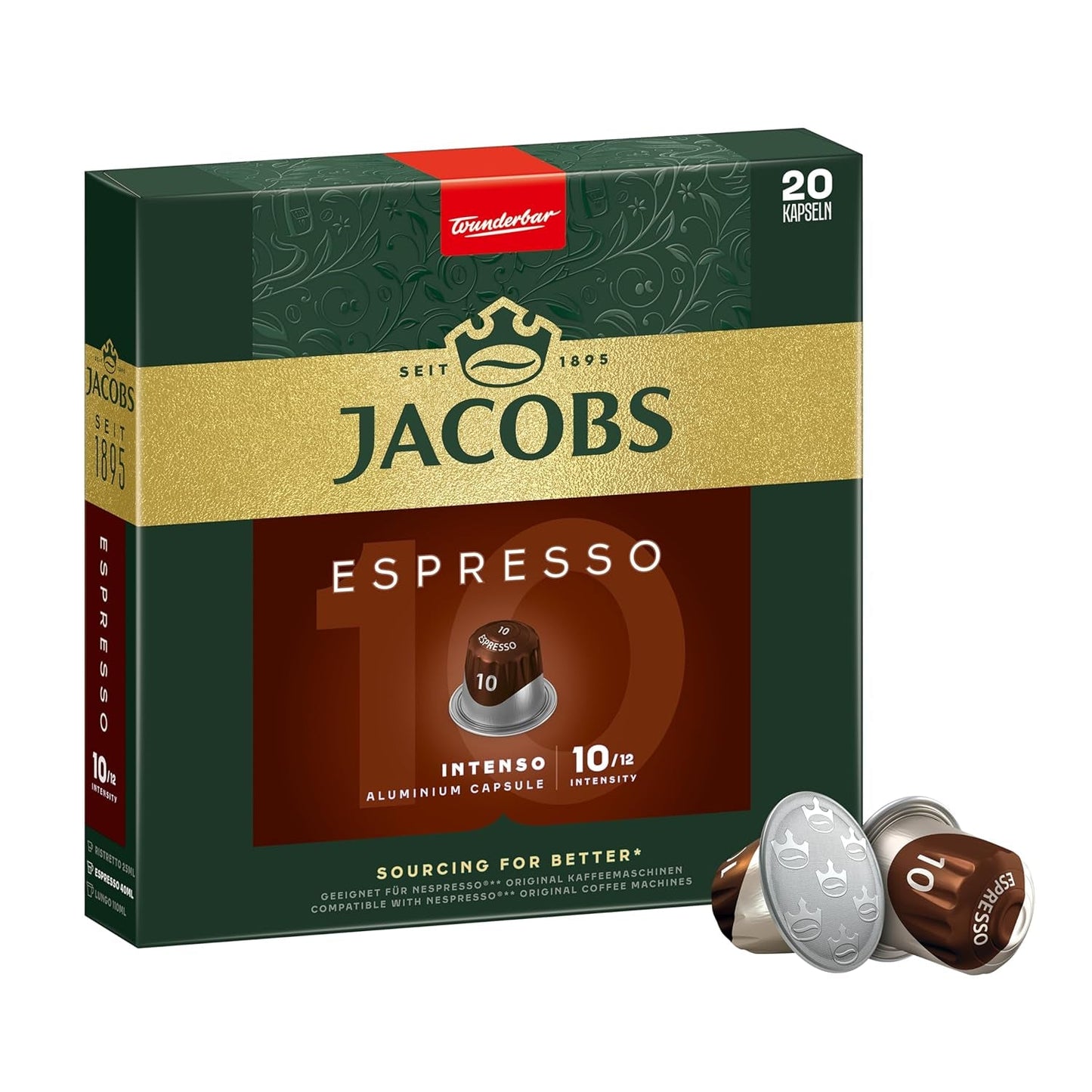 Jacobs Kaffeekapseln Espresso Intenso, Intensität 10/12, 10 x 20 Getränke, kompatibilní s Nespresso* Kaffee Kapseln, 200 Kapseln