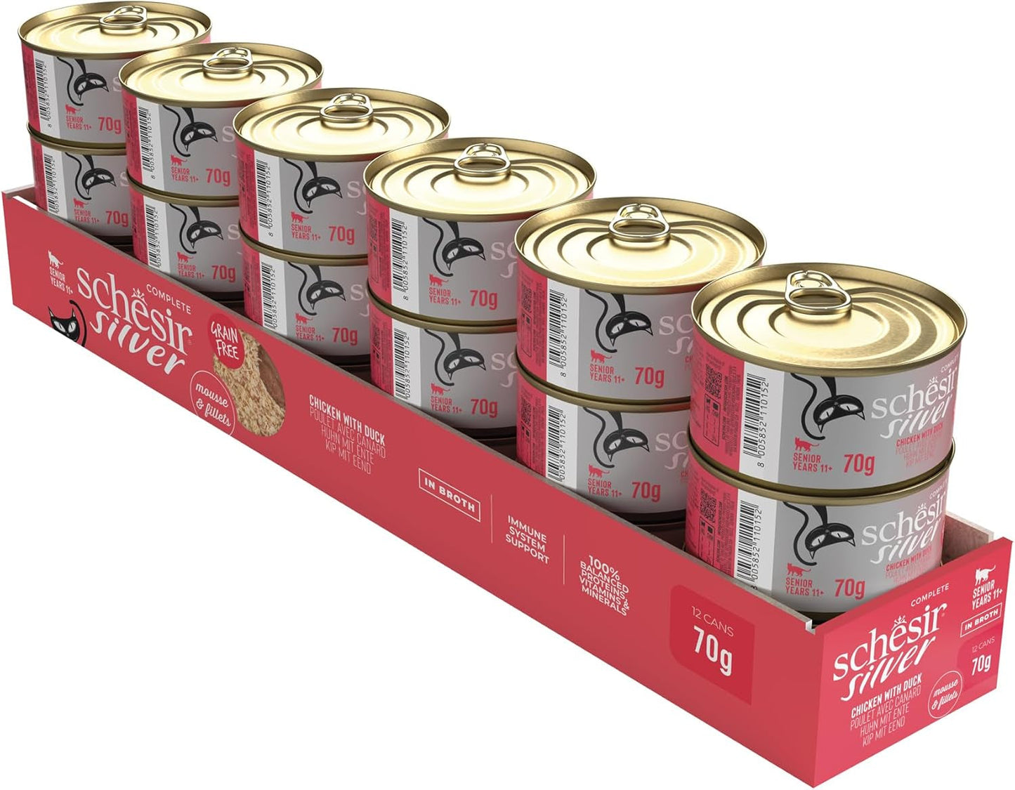 Stříbrné kuře s kachní pěnou a filety, kompletní mokré krmivo pro starší kočky, bez obilovin, podpora imunity, zdroj vlhkosti, 12 x 70 g