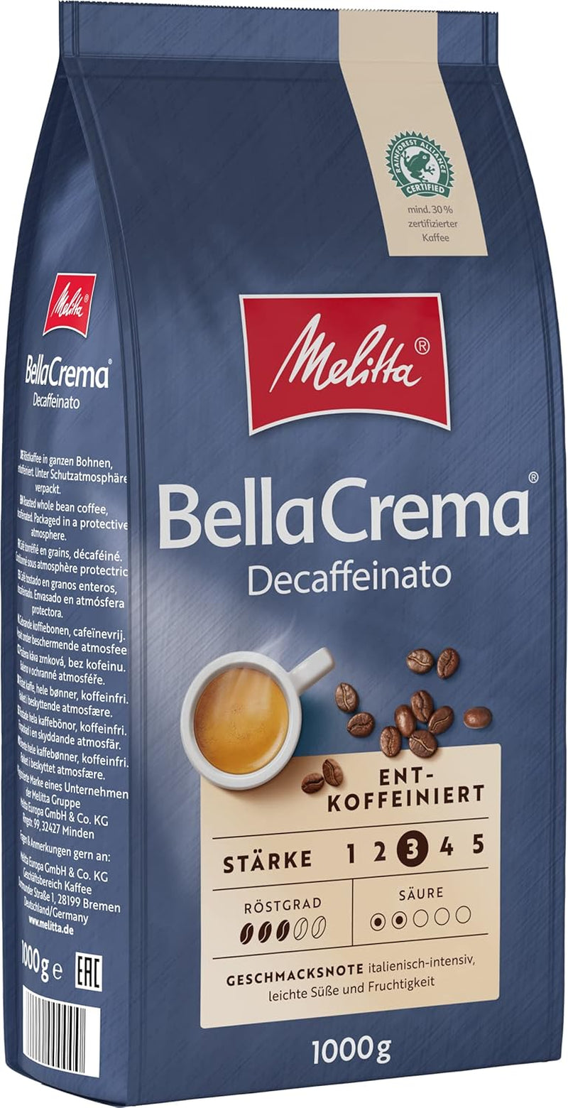 Melitta BellaCrema La Crema zrnková káva 1 kg a BellaCrema Decaffeinato zrnková káva bez kofeinu 1 kg