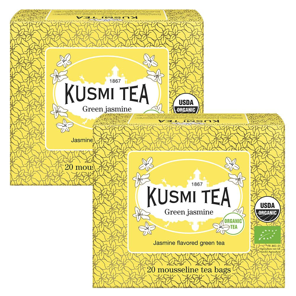 Kusmi Tea - Balení 2 ks - Jasmínový zelený čaj - Bio Jasmínová směs zeleného čaje - 100% Bio zelený čaj - Lze konzumovat teplý i studený - 2X20 čajových sáčků