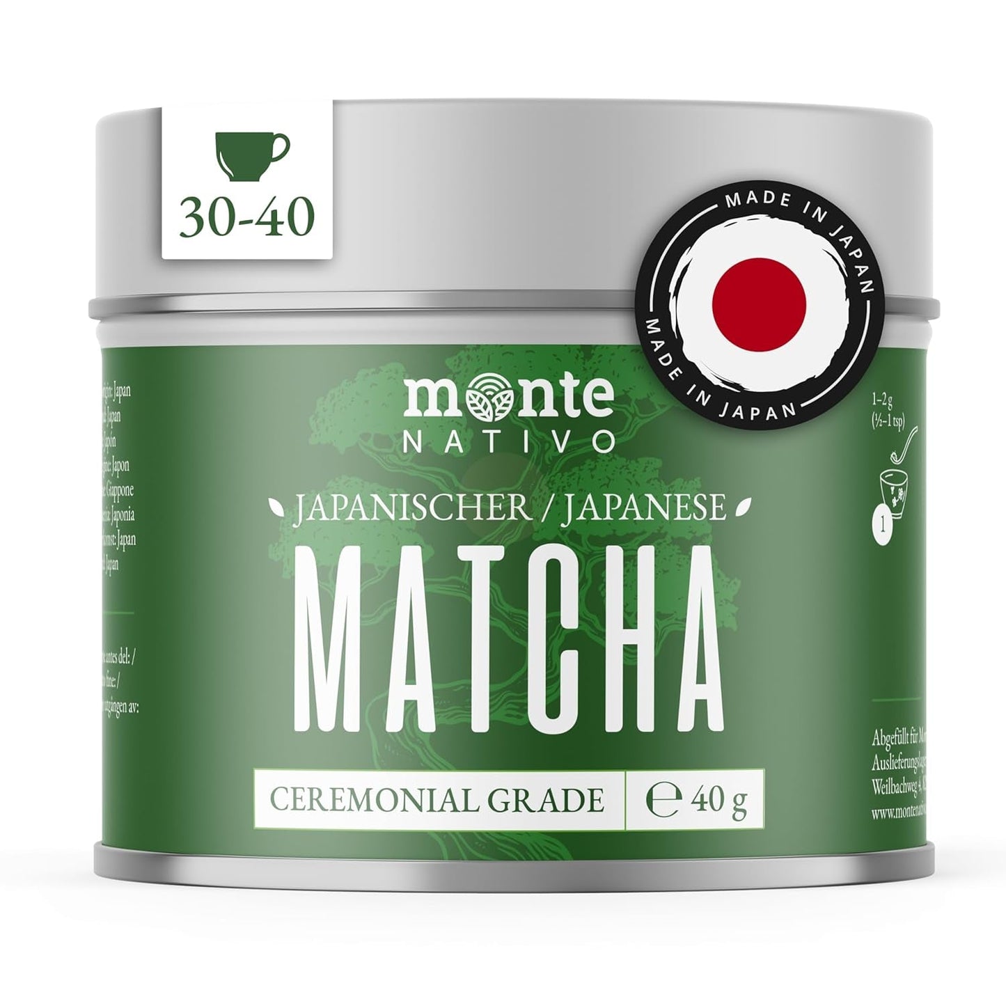 Monte Nativo Ceremonial Matcha Powder (40 g) - ideální pro matcha čaj, latté a smoothies - zelený čaj z Japonska - ceremoniální kvalita, v kovové krabičce - 100% čistý, bez lepku, jemně mletý