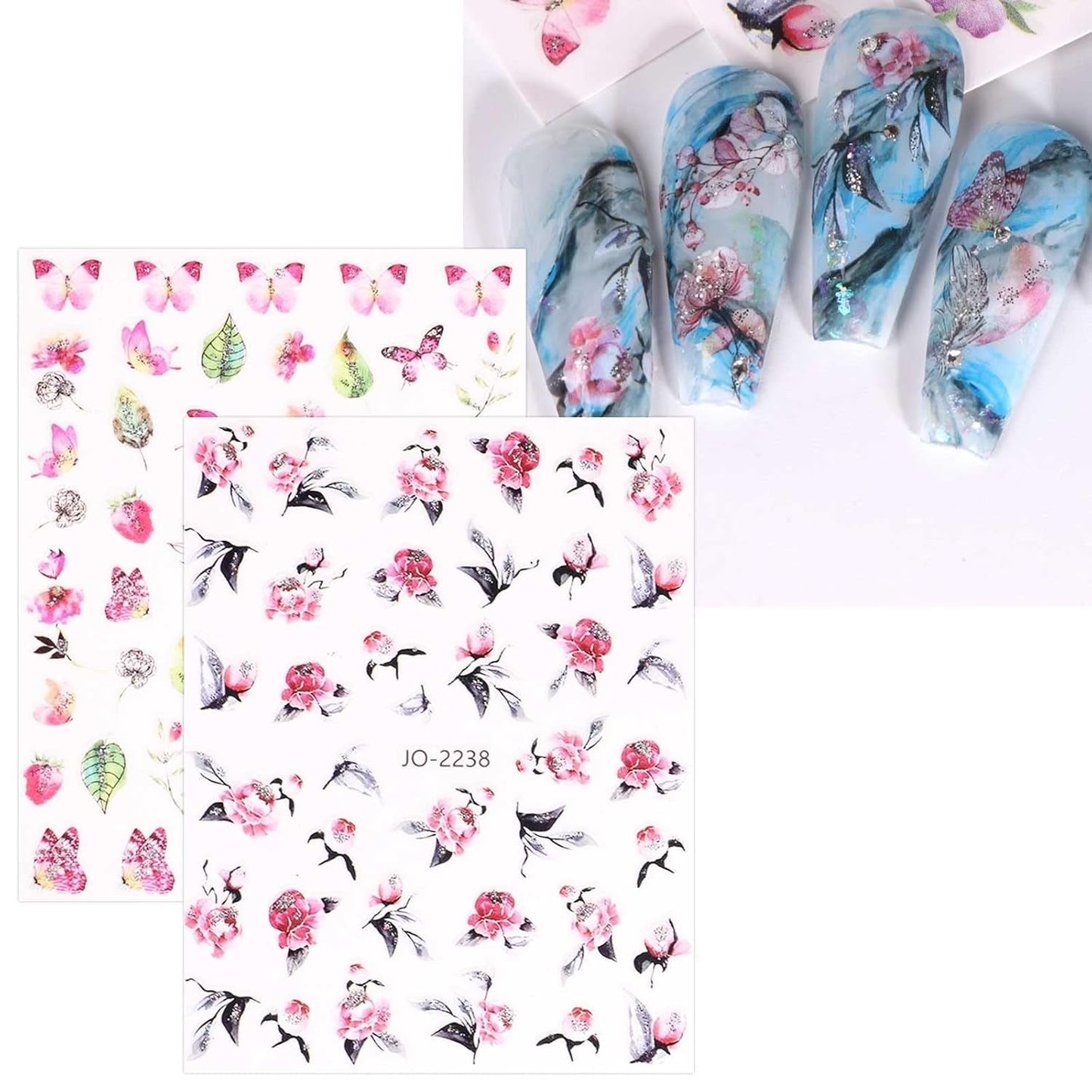 JMEOWIO Nálepka na nehty Frühling Blume 12 Blatt Nálepka na nehty Selbtklebend Nagelaufkleber Blätter Dekoration Nageldesign Zubehör