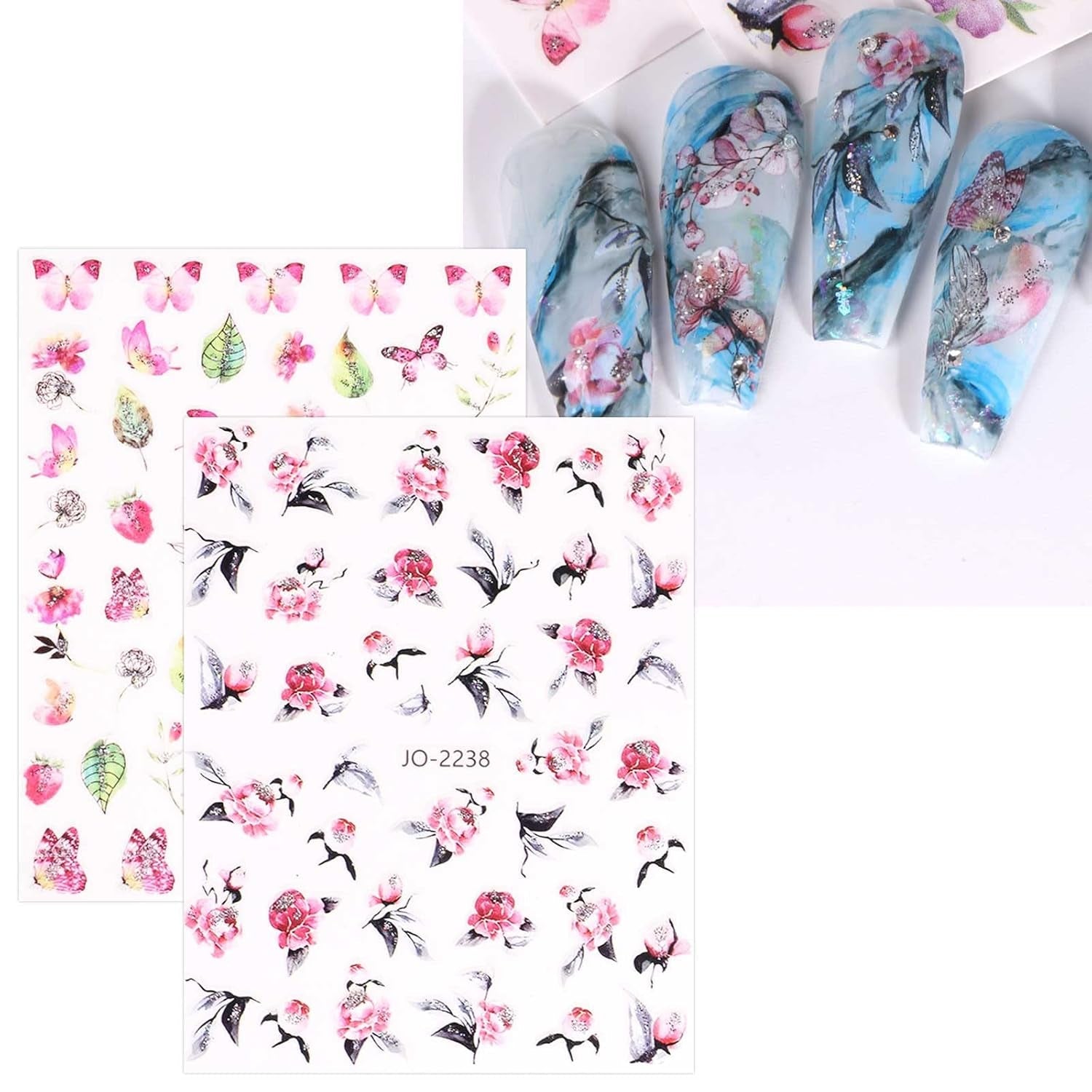 JMEOWIO Nálepka na nehty Frühling Blume 12 Blatt Nálepka na nehty Selbtklebend Nagelaufkleber Blätter Dekoration Nageldesign Zubehör