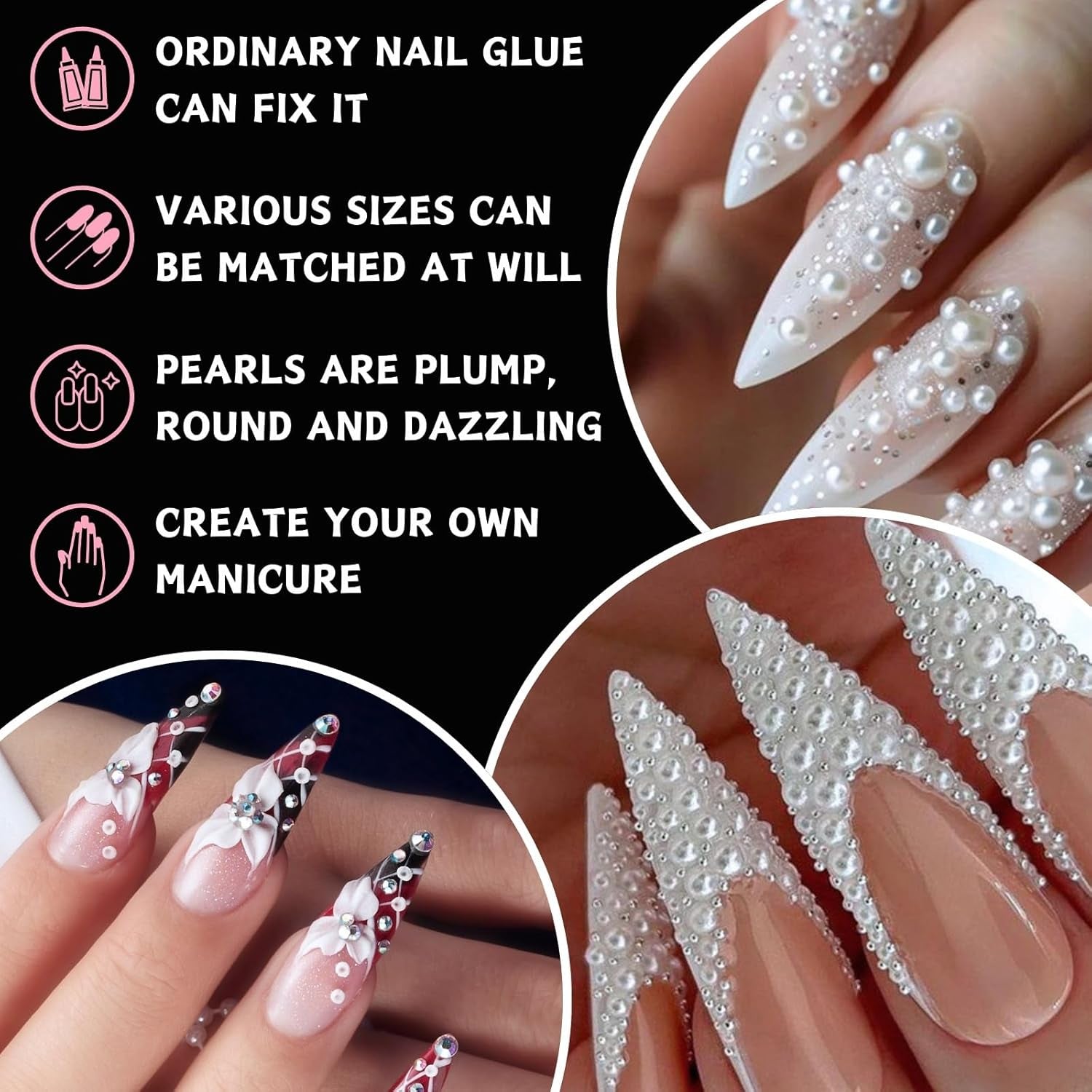 12 Größen Nail Art Perlen, Flache Perlen, Nail Art Accessoires, Halbkreis Nagelperlen, Weiße Nail Charms Und Glitzersteine ​​​​Nägel Für Nail Art Design, DIY Basteln, Alltag, Hochzeit (2 krabičky)
